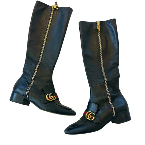 Gucci Malaga Kid GG Marmont Calfskin Leather Knee High Riding Boots - Picture 4 of 14